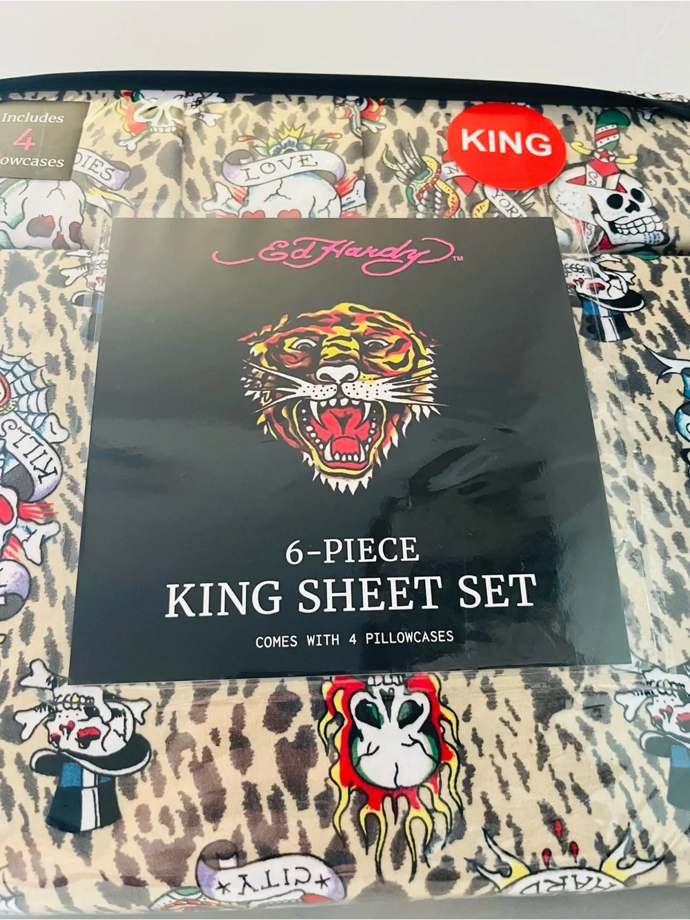 Ed Hardy 6 Piece King Size Sheet Set Tattoo You Leopard Print Skulls New York